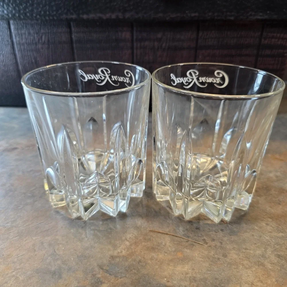 2 Crown Royal Whiskey Rocks Glasses, Diamond-Cut, Embossed Logo, Italy, 8 oz